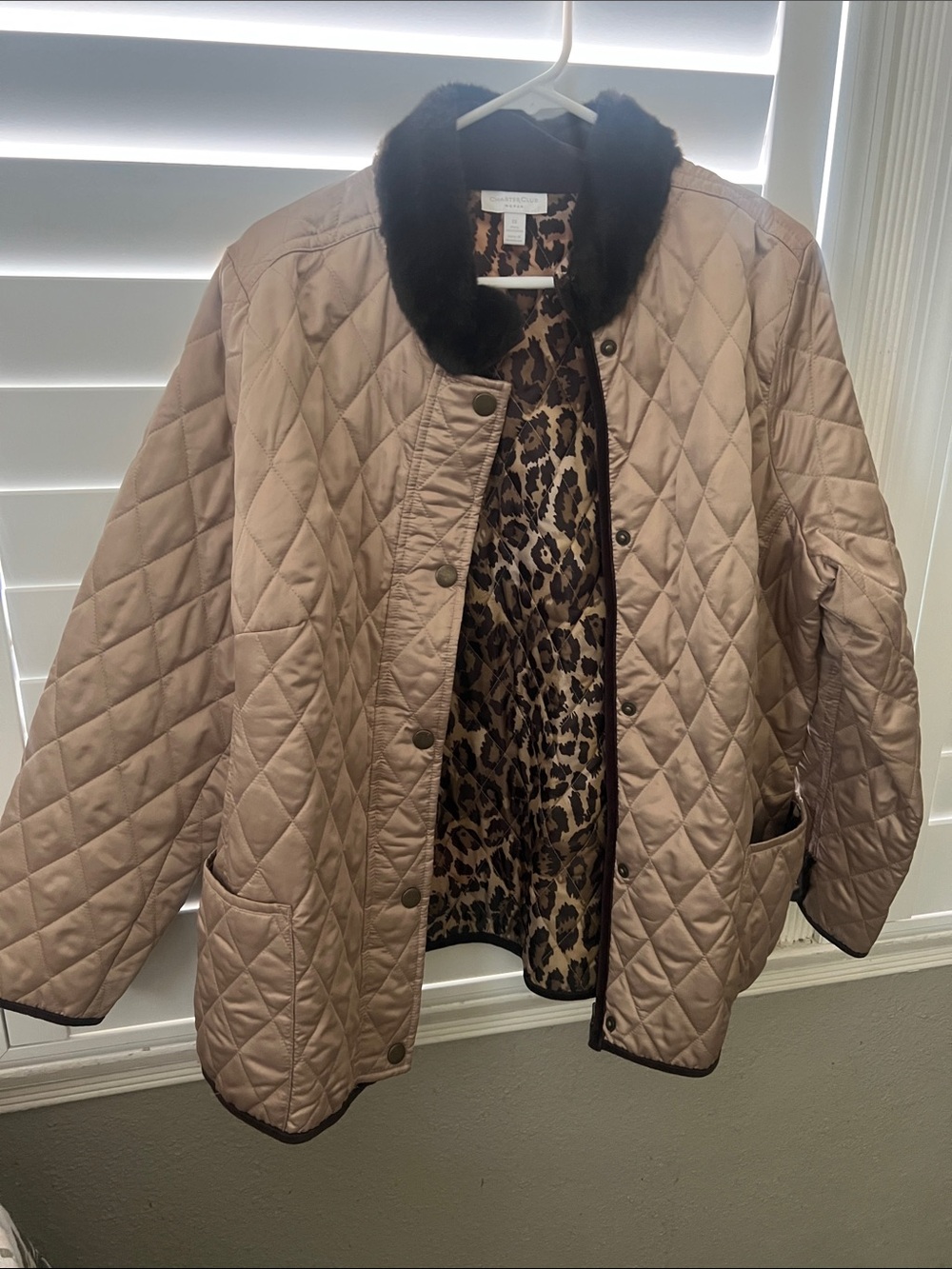 Charter Club Quilted Blush-Taupe Puffer Jacket with Faux Fur Collar